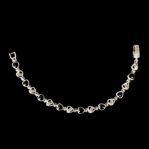 Vintage 80s Sterling Silver & Onyx Designer Heart Bracelet
